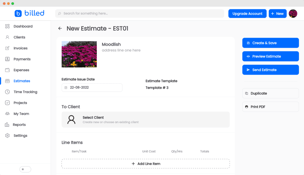 Sample estimate created with Billed
