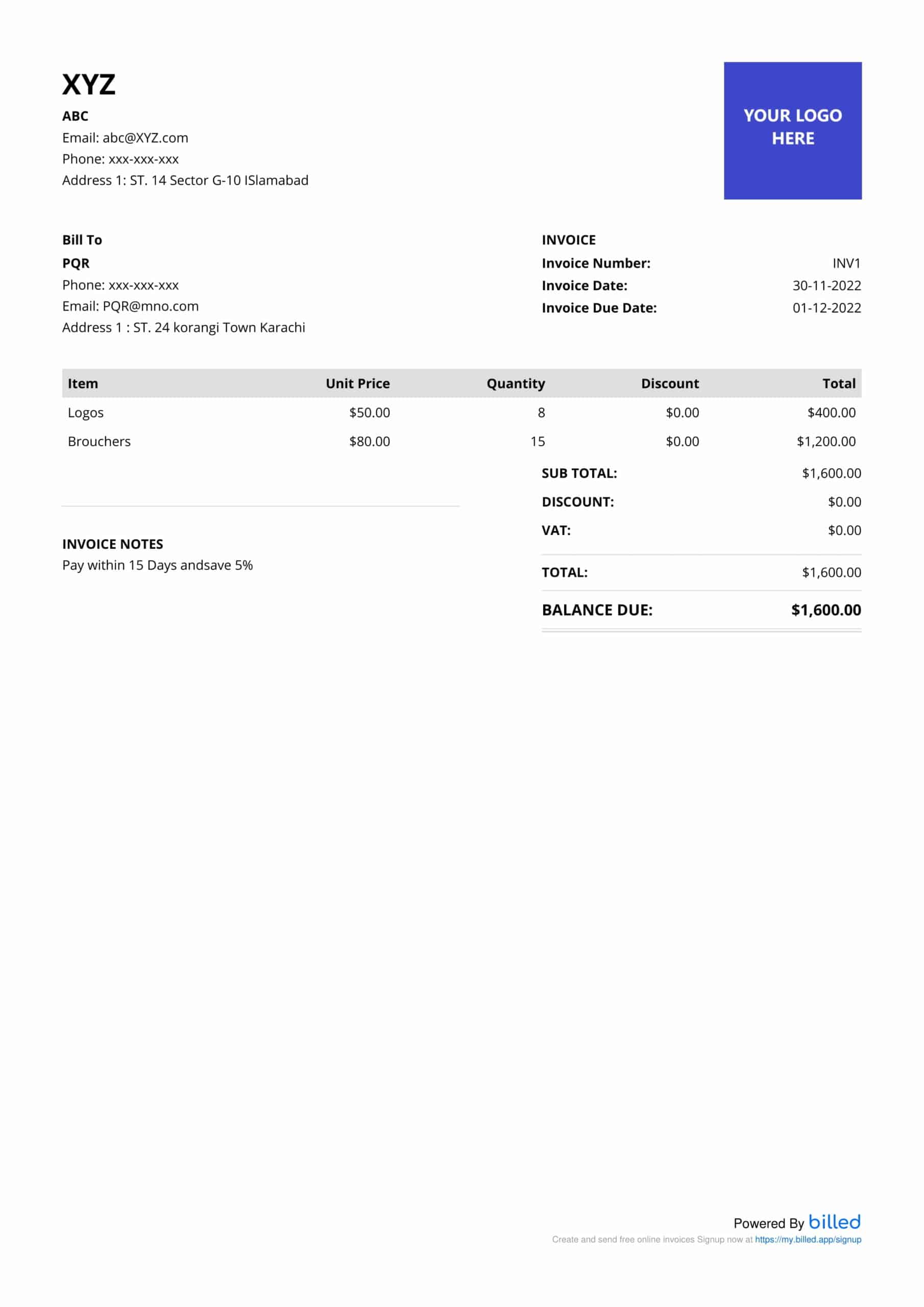 Sample invoice created with Billed