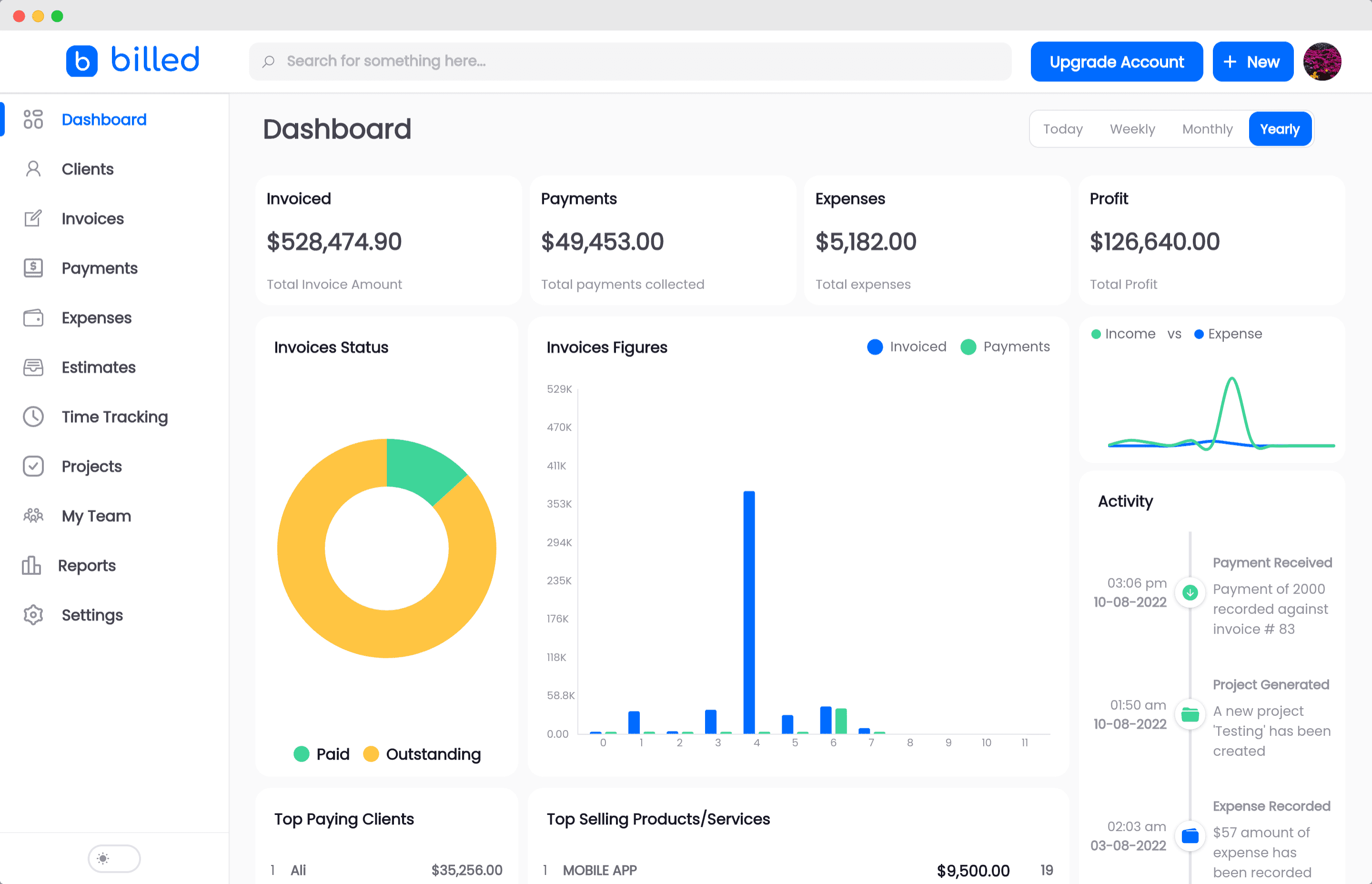 Billed App Dashboard - Invoicing & Accounting Software