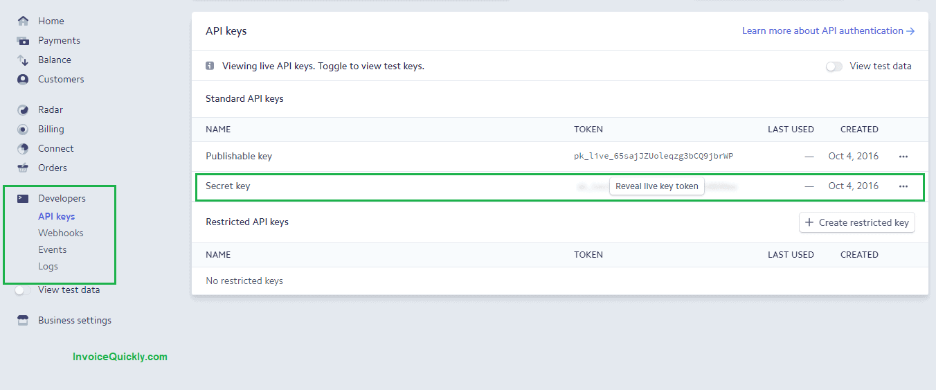 Stripe API keys dashboard