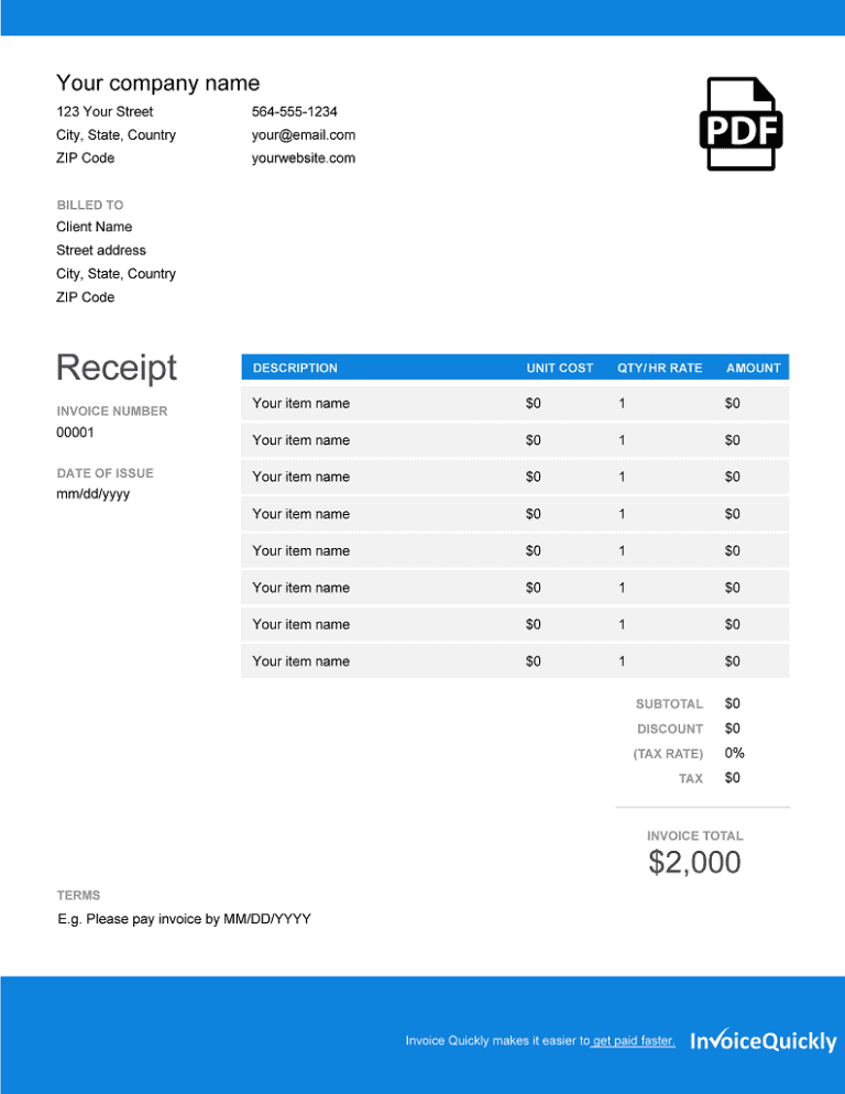 word invoice with blue header and footer